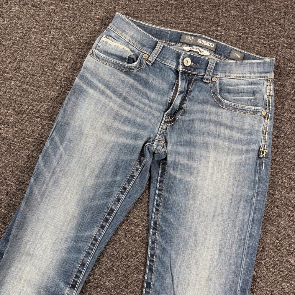 BKE Fulton Jeans Mens 30R Blue Bootleg Heavy Wash Stretch Denim